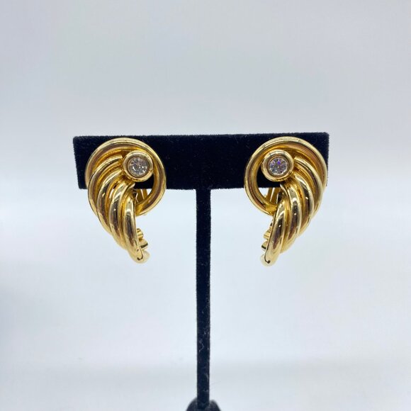 Vintage Rhinestone Tube Knot Gold Tone Swirl Clip on Earrings - Picture 9 of 9